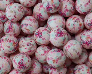 15MM Pink Butterfly Printed Silicone Bead